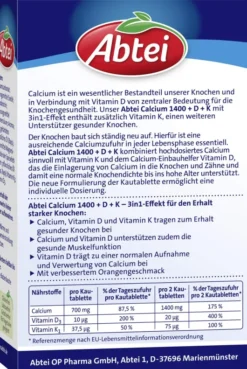 Abtei Calcium 1400 + Vitamin D3 + K 30 Kautabletten