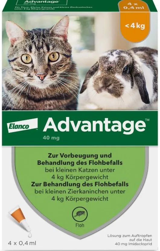 Advantage 40 mg für Katzen und Zierkaninchen bis 4 kg 4 x 0,4 ml Lösung