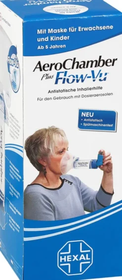 Aerochamber Hexal Plus Flow-Vu Mit Maske Für Erwachsene und Kinder