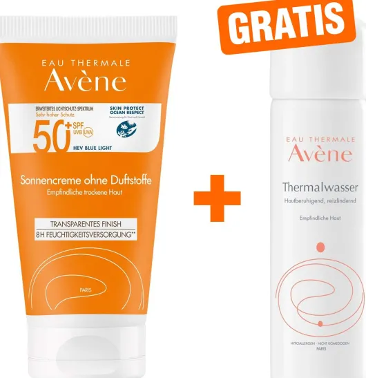 Avene Sonnencreme SPF 50+ ohne Duftstoffe 50 ml + gratis Avene Thermalwasser Spray 50 ml