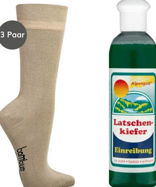 Bambus Wellness-Socken 43-46 Beige 3 Paar + gratis Latschenkiefer Einreibung 250 ml