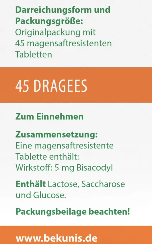 Bekunis Dragees Bisacodyl 5 mg 45 Magensaftresistente Tabl.