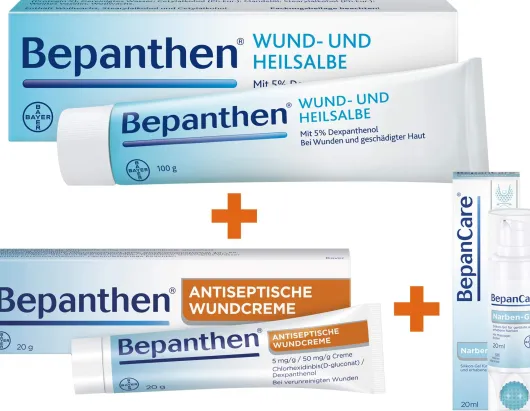 Bepanthen Wund u Heilsalbe 100 g + Bepanthen Antiseptische Wundcreme 20 g + BepanCare Narbengel mit Massageroller 20 ml