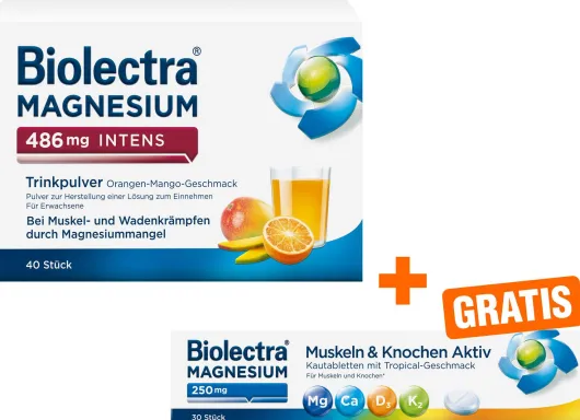 Biolectra Magnesium 486 mg intens Trinkpulver Orange-Mango 40 Stück + gratis Biolectra Magnesium 250 mg 30 Kautabletten