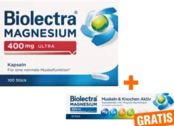 Biolectra Magnesium 400mg ultra 100 Kapseln + gratis Magnesium 250 mg Muskeln und Knochen Aktiv 30 Kautabletten
