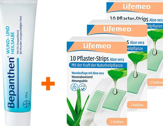 Bundle Bepanthen Wund- und Heilsalbe 100 g + Pflaster-Strips Aloe Vera 3 x 10 Stück