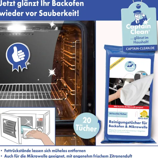 Captain Clean Reinigungstücher für Backofen und Mikrowelle, 20er-Pack Feuchttücher