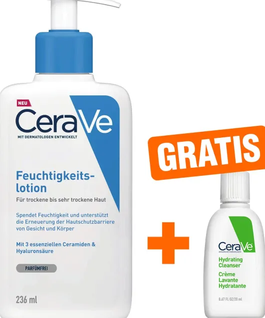 CeraVe Feuchtigkeitslotion 236 ml + gratis feuchtigkeitsspendende Reinigungslotion 20 ml