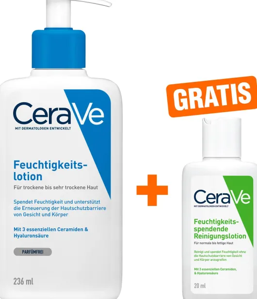 CeraVe Feuchtigkeitslotion 236 ml + gratis feuchtigkeitsspendende Reinigungslotion 20 ml