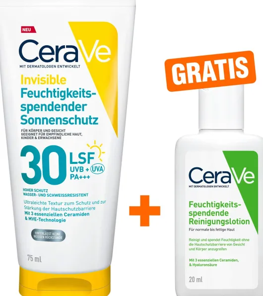 CeraVe Invisible Feuchtigkeitsspendender Sonnenschutz LSF 30 75 ml + gratis CeraVe Reinigungslotion 20 ml