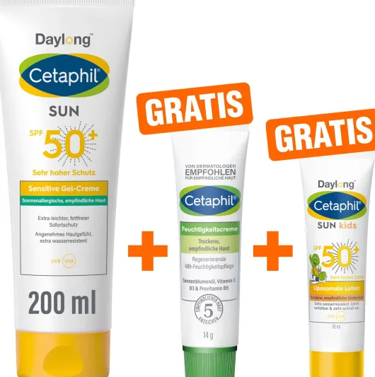 Cetaphil Sun Daylong SPF 50+ sens. Gel 200 ml + gratis Feuchtigkeitscreme 14 g + gratis liposomale Lotion 10 ml