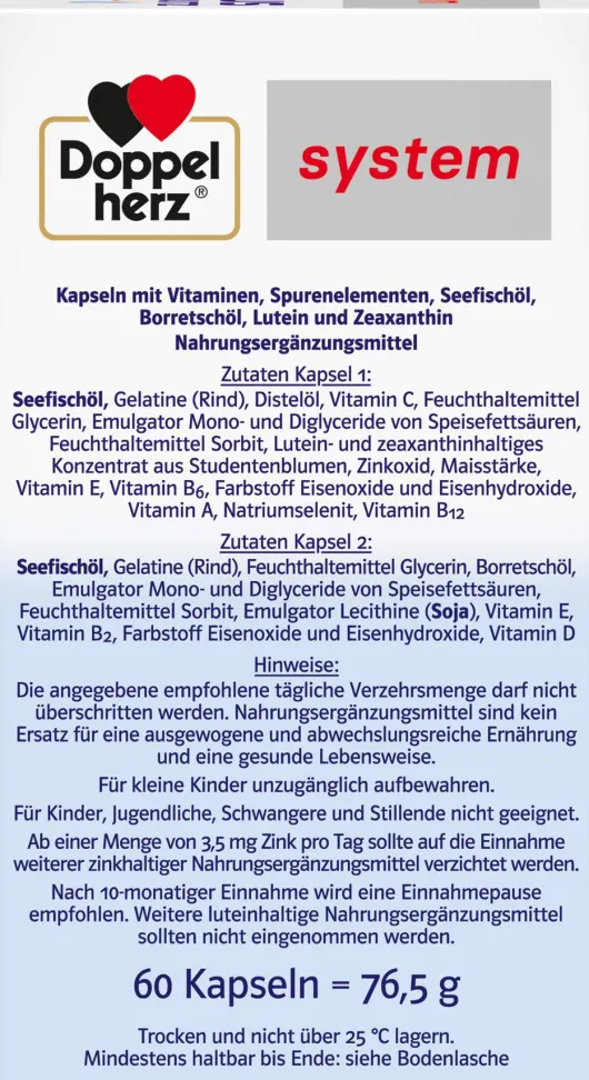 Doppelherz system Augen plus Sehkraft + Schutz + Tränenfilm-Formel 60 Kapseln