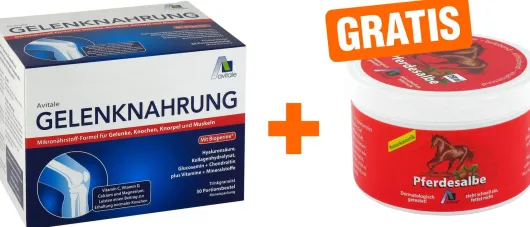 Gelenknahrung + Hyaluronsäure Trinkgranulat 30 x 15 g + gratis Pferdesalbe m. Rosskastanie 250 ml