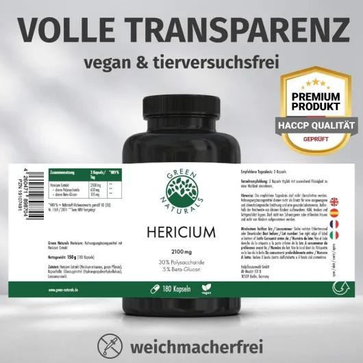Green Naturals Lions Mane Hericium 2100mg vegan 180 Kapseln