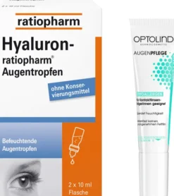 Hyaluron-Ratio Augentropfen 2x10ml + gratis Optolind Empflindl. Haut Augenpflege 15 ml