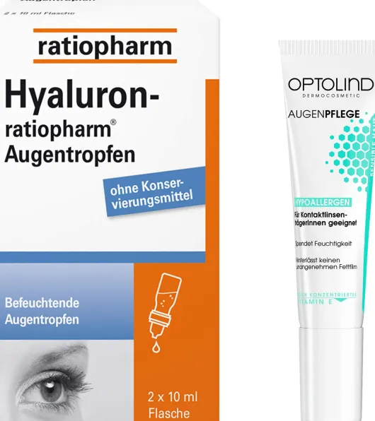 Hyaluron-Ratio Augentropfen 2x10ml + gratis Optolind Empflindl. Haut Augenpflege 15 ml