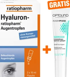 Hyaluron-Ratio Augentropfen 2x10ml + gratis Optolind Empflindl. Haut Augenpflege 15 ml