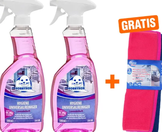 Hygiene Universalreiniger Lavendel 2x 500 ml + gratis Mikrofaser Reinigungstücher 3 Stück