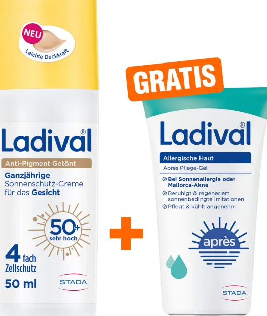 Ladival Anti-Pigment Sonnenschutz-Creme getönt LSF 50+ 50 ml + gratis Ladival allergische Haut Apres Pflege-Gel 50 ml