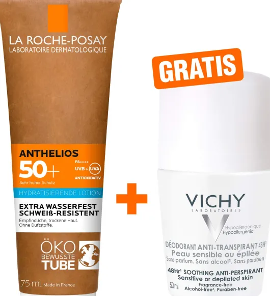 La Roche Posay Anthelios Milch LSF 50+ 75 ml + gratis Vichy Deo Roll-on Anti Flecken 48h 50 ml