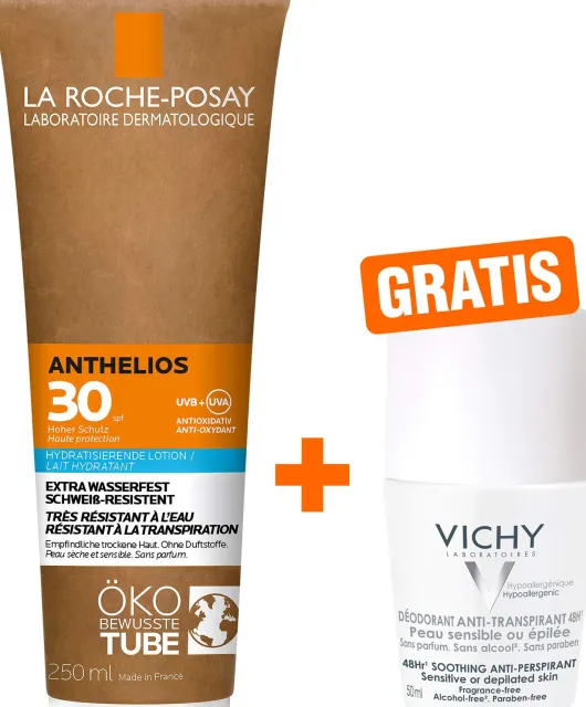 La Roche Posay Anthelios Milch LSF 30 Papp Tube 250 ml + gratis Vichy Deo Roll-on Anti Flecken 48h 50 ml