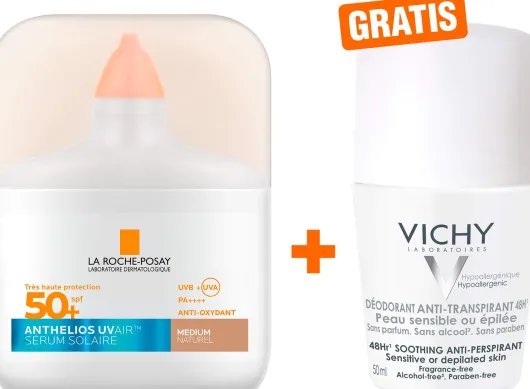 La Roche Posay Anthelios UV Air Serum LSF 50+ Getönt mittel 50 ml + gratis Vichy Deo Roll-on Anti Flecken 48h 50 ml