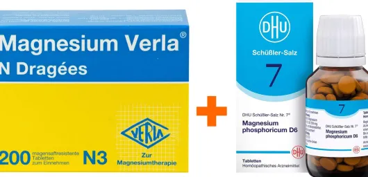 Magnesium Verla N 200 Dragees + Biochemie DHU Nr.7 Magnesium phosphoricum D6 200 Tabletten