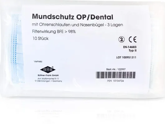 Mundschutz Op Mit Gummiband und Nasenbügel Blau 10 Stück