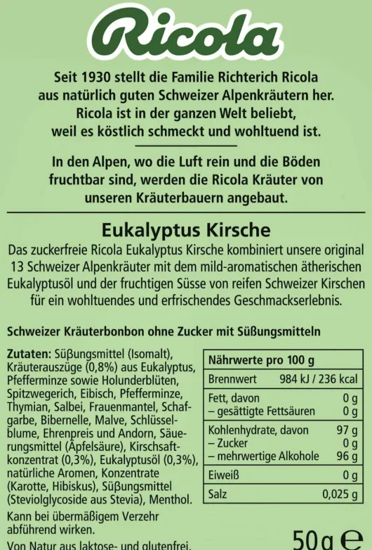 Ricola Eukalyptus Kirsche - Schweizer Hustenbonbons 50 G Bonbons