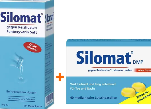 Sparset Erkältung Silomat 100 ml Saft + Silomat DMP Zitronen - Geschmack 40 Pastillen
