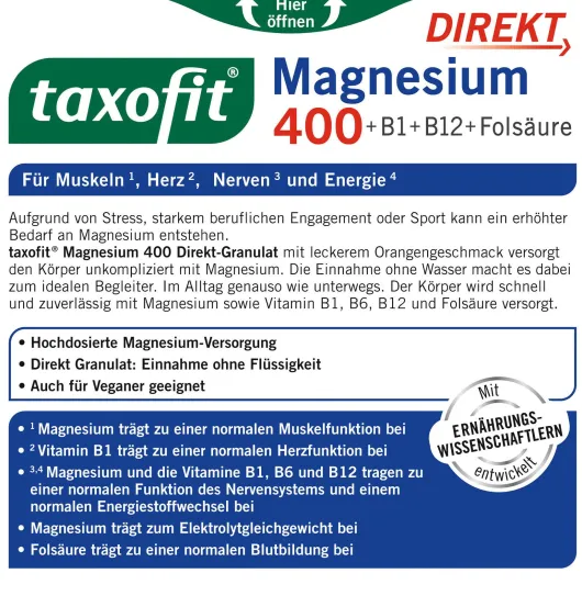 Taxofit Magnesium 400 + B1 + B6 + B12 + Folsäure 800 µg 20 Portionen