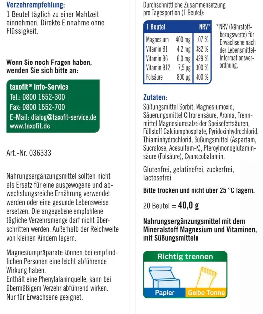 Taxofit Magnesium 400 + B1 + B6 + B12 + Folsäure 800 µg 20 Portionen