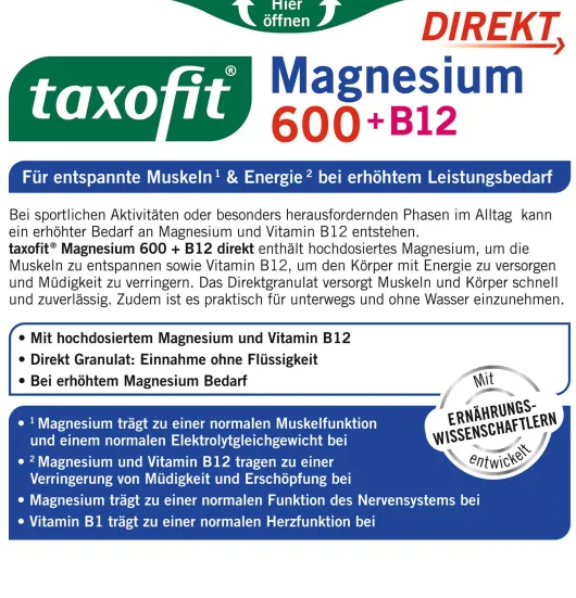 Taxofit Magnesium 600+ B12 Direkt Granulat 20 Sticks