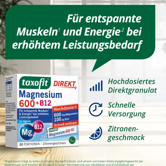Taxofit Magnesium 600+ B12 Direkt Granulat 20 Sticks