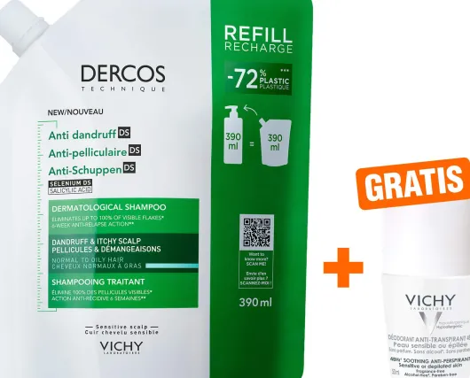 Vichy Dercos Anti-Schuppen Shampoo fettige Kopfhaut Nachfüllpack 390ml + gratis Vichy Deo Roll-on 50ml