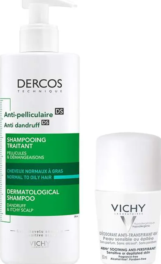 Vichy Dercos Anti Schuppen Shampoo fettige Kopfhaut 390ml + gratis Deo Roll-On Anti Flecken 48h 50 ml