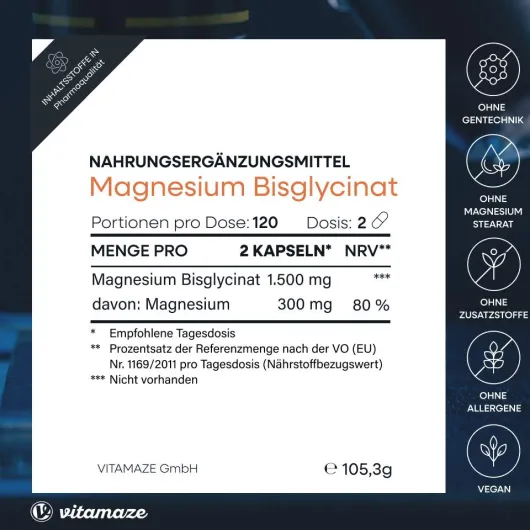 Vitamaze Magnesium Magnesiumbisclycinat 750 mg 120 Kapseln