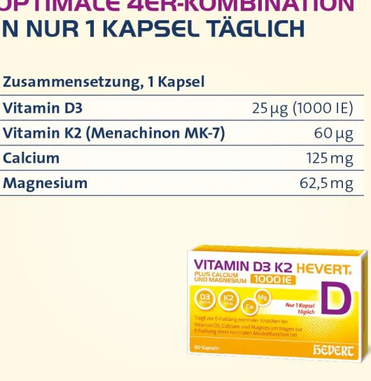 Vitamin D3 K2 Hevert + Calcium und Magnesium 1000IE 120 Kapseln