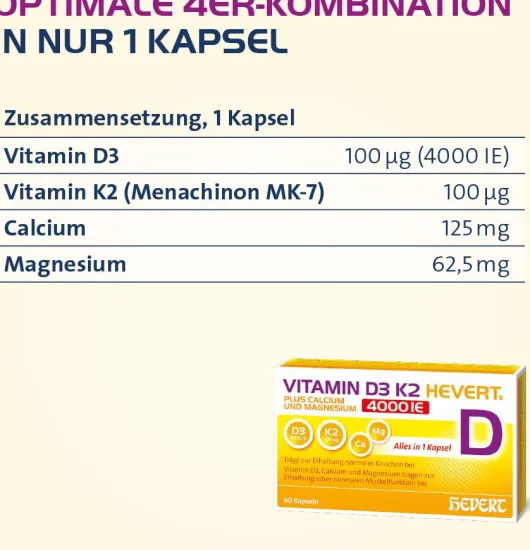 Vitamin D3 K2 Hevert + Calcium und Magnesium 4000IE 120 Kapseln