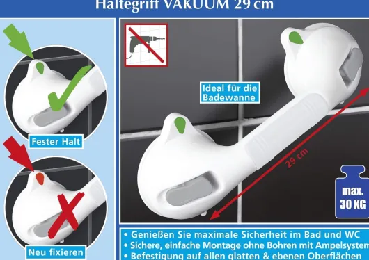 Wandgriff SECURA, 29 cm Saugnapf mit Saugnapf und Ampelsystem