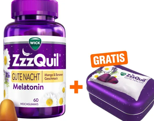 Wick ZzzQuil Gute Nacht Mango & Banane 60 Weichgummis + gratis Wick ZzzQuil Reise-Dose 1 Stück