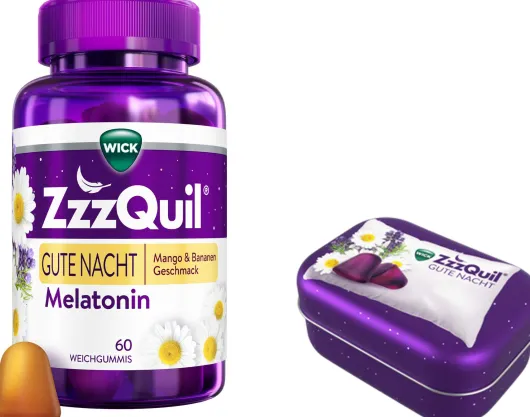 Wick ZzzQuil Gute Nacht Mango & Banane 60 Weichgummis + gratis Wick ZzzQuil Reise-Dose 1 Stück